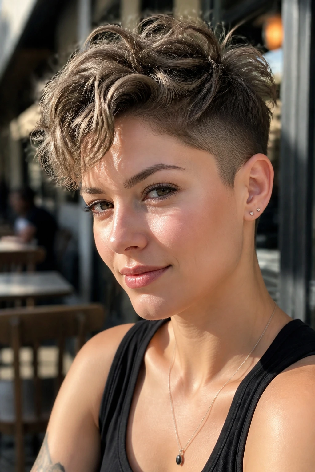 Portrait of a real person with a wavy undercut pixie and clipped sides.