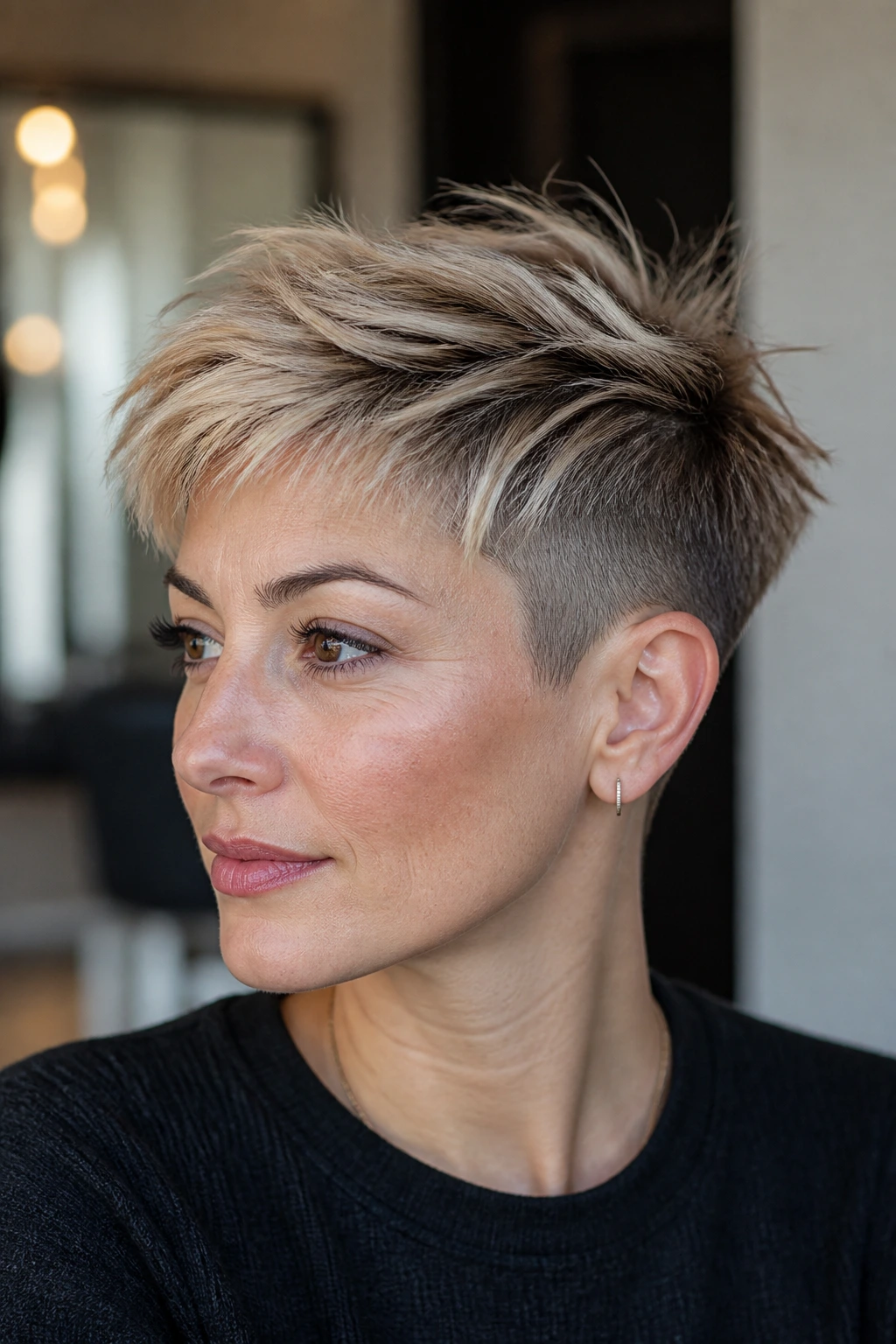 Close-up portrait of a real woman with undercut pixie and wispy top hairstyle.