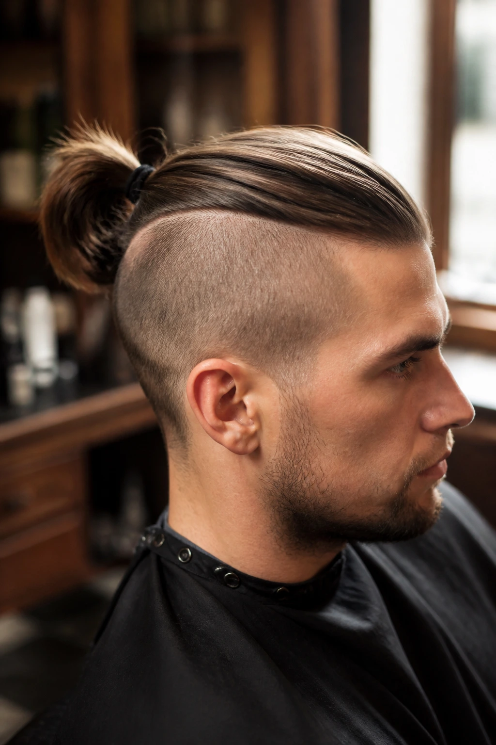 Close-up of a man with an undercut ponytail showing shaved sides and long top