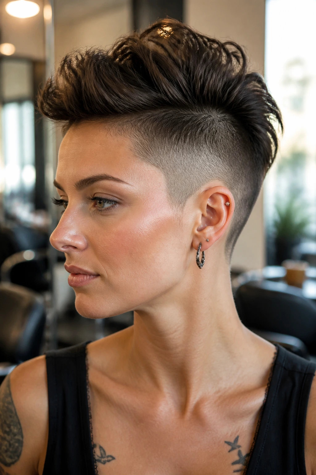 Close-up portrait of a real woman with an undercut featuring shaved nape and temple area and a lifted textured crown