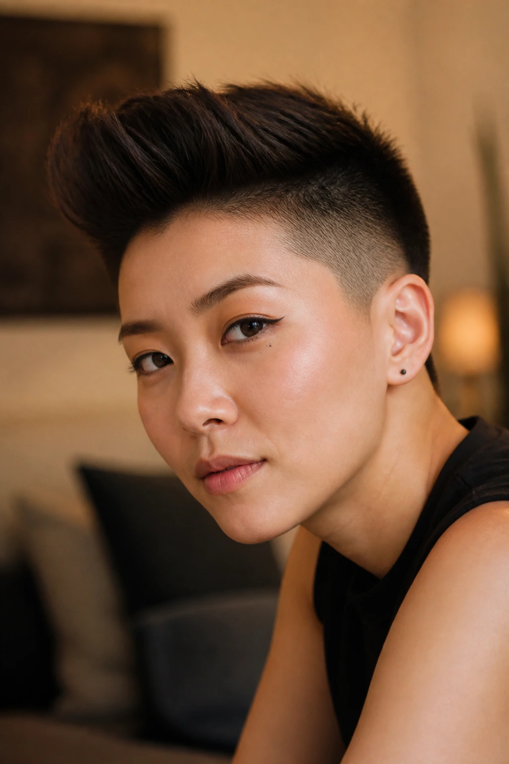 Close-up portrait of a real Asian woman with an undercut quiff and longer top