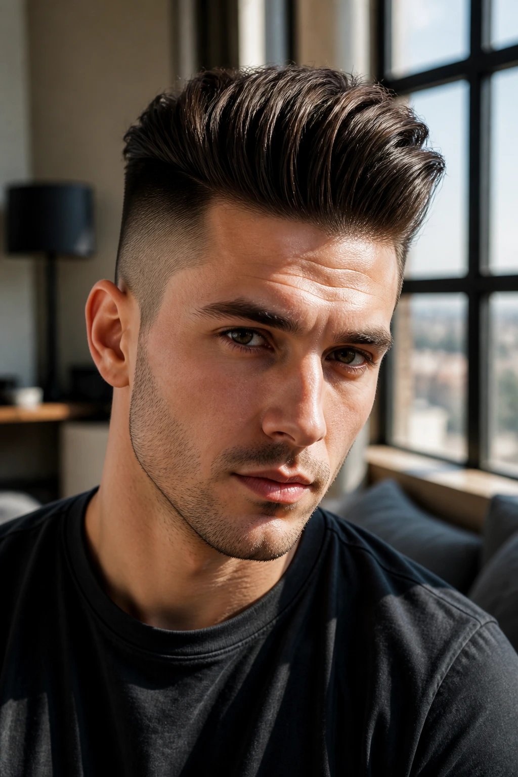 Close-up of a man with undercut quiff indoors