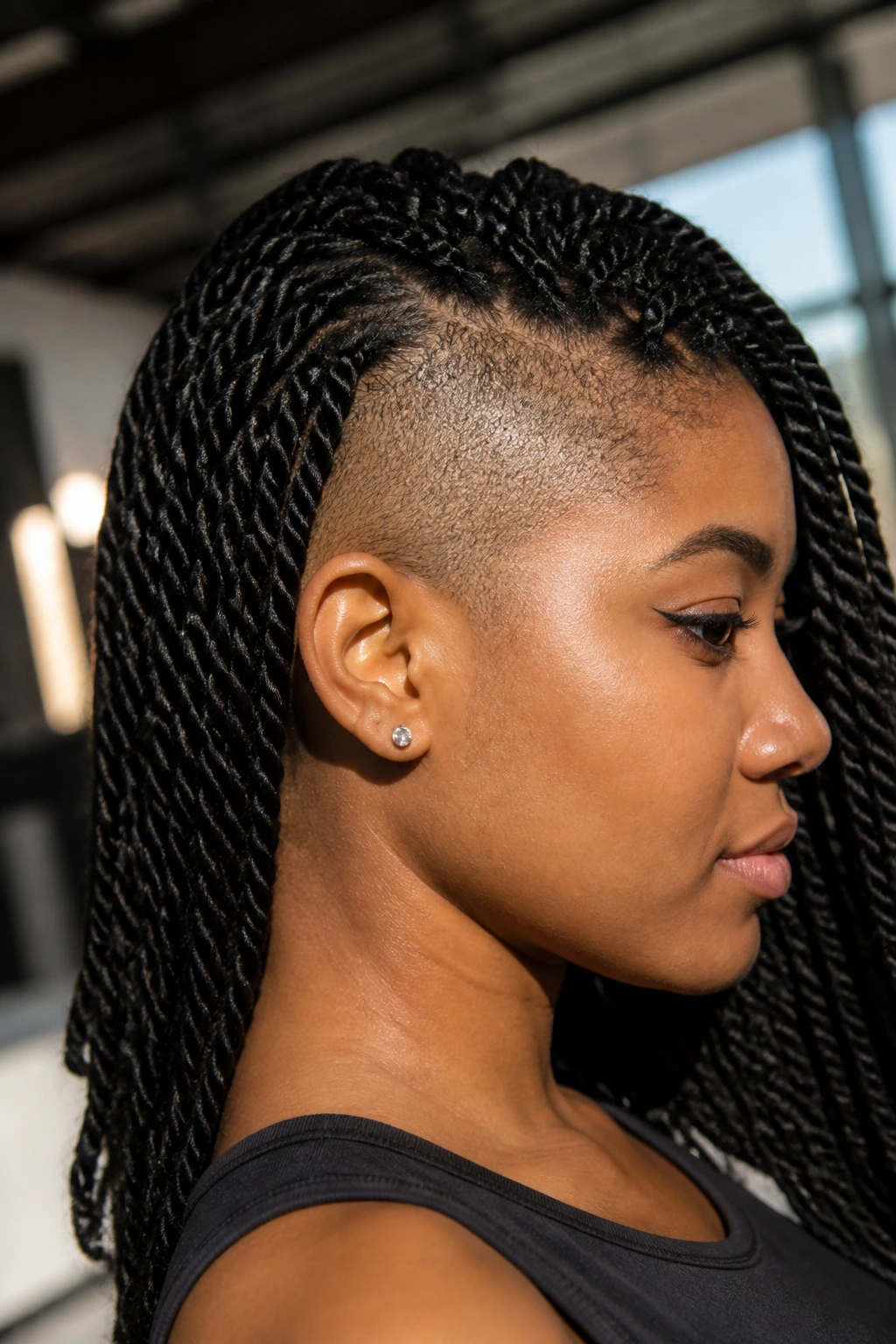 Profile view of twists over an undercut reveal on a real person