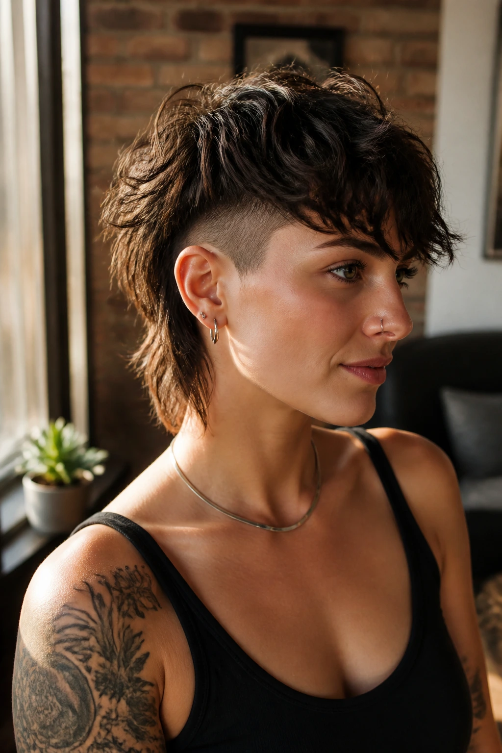 Three-quarter profile of real person with undercut shag showing nape undercut.