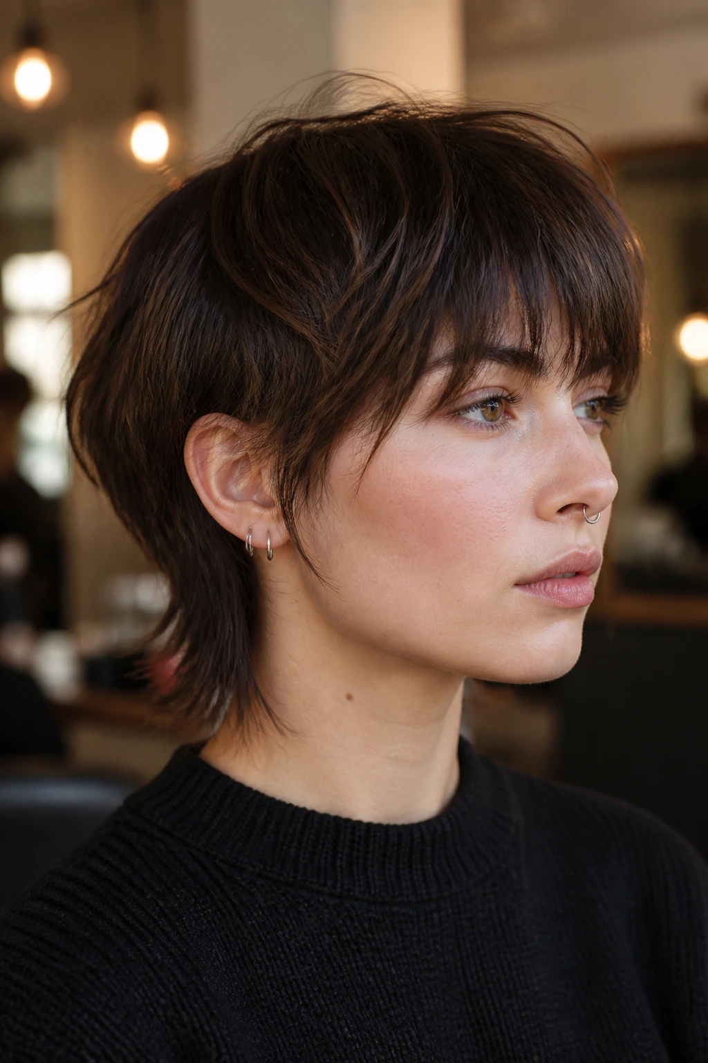 Close-up of a real person with soft undercut shag and forward fringe in a salon setting
