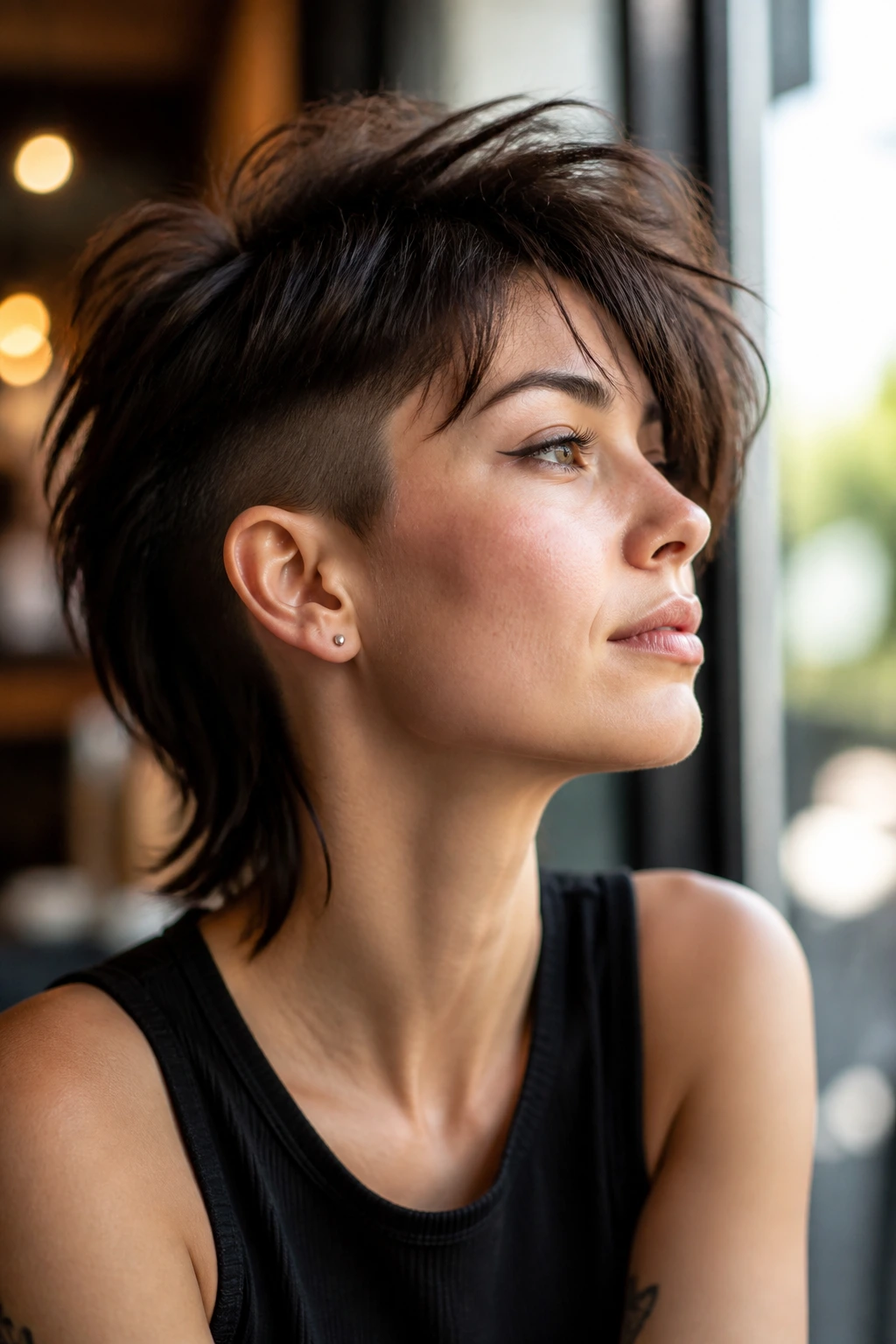 Portrait of woman with edgy undercut shag showing undercut details.
