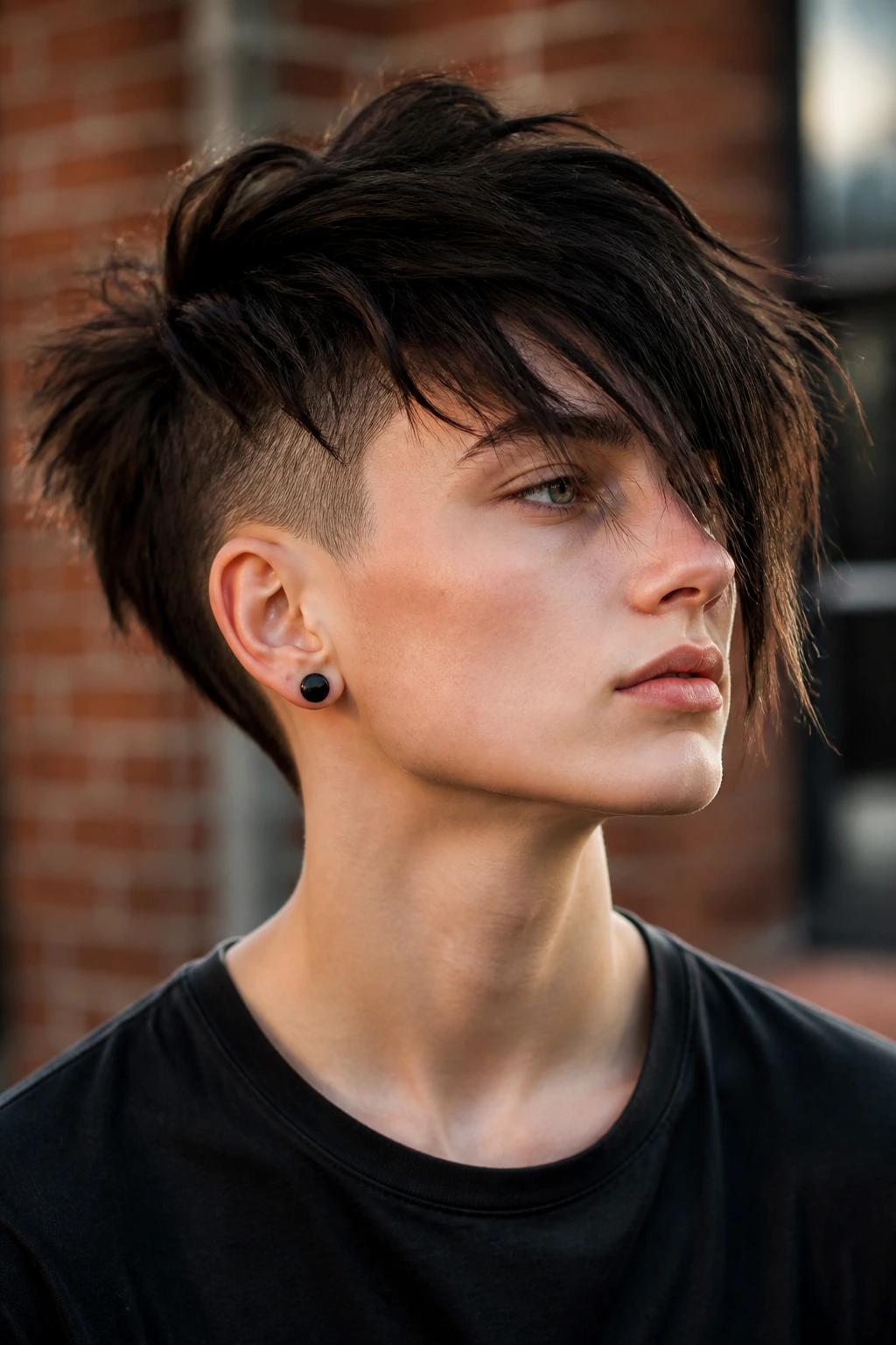Close-up of a real person with undercut shag and long top in an urban setting.