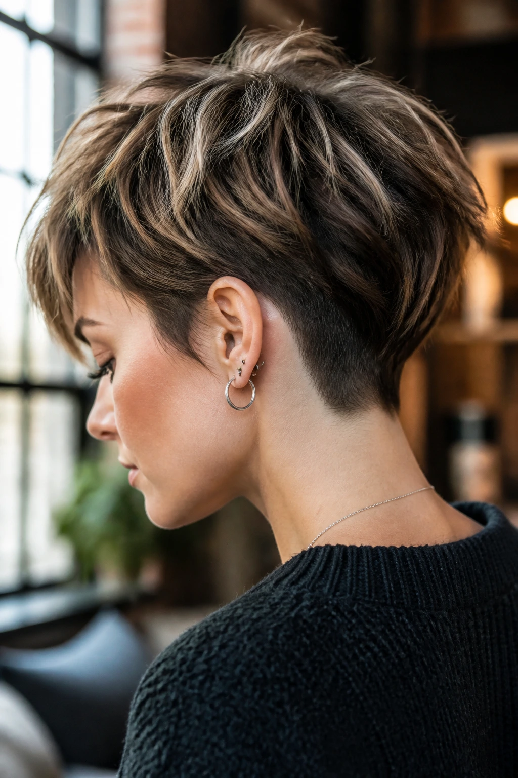 Close-up portrait of a real woman with an undercut shag pixie hairstyle.