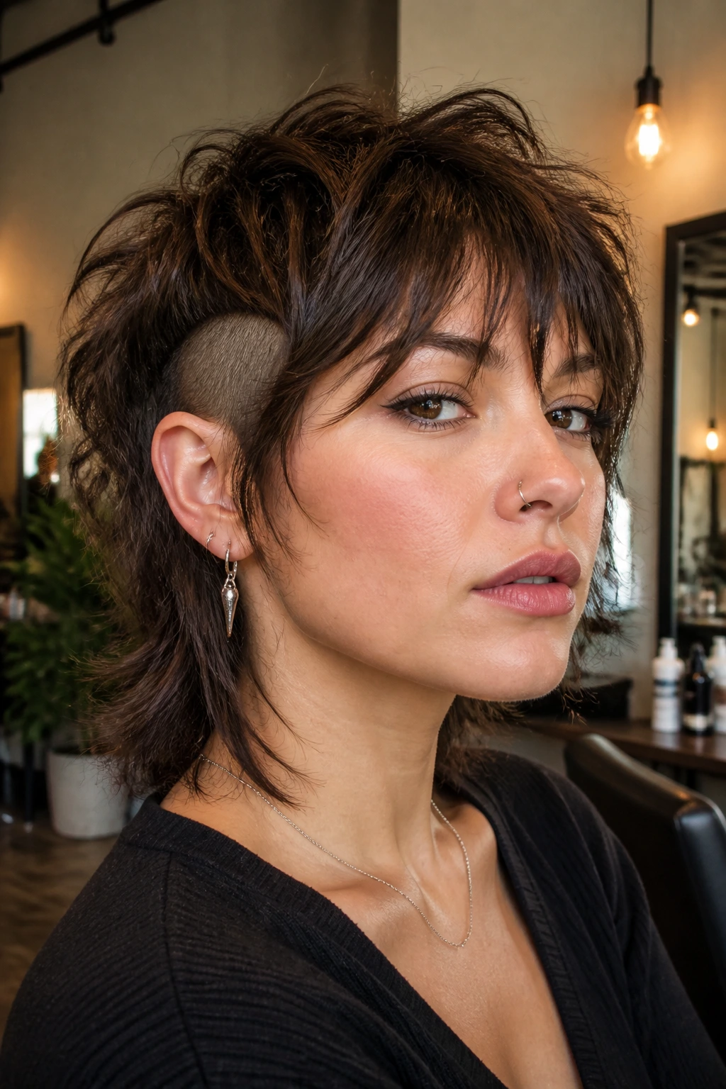 Close-up portrait of a real woman with an undercut shag showing subtle variations in styling