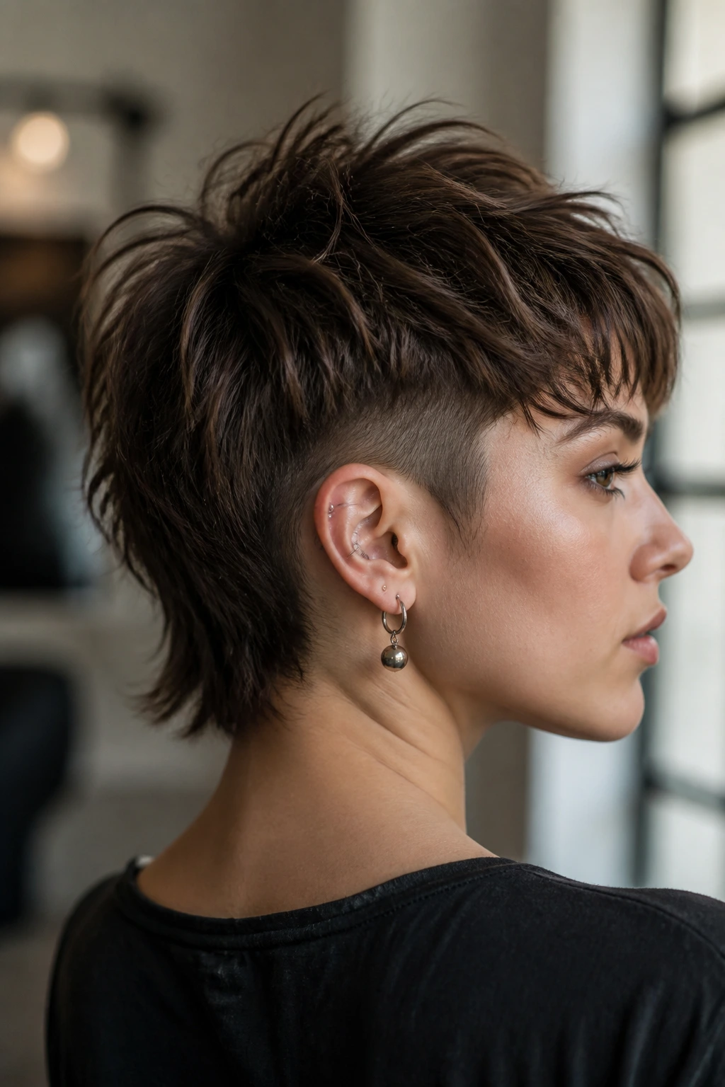 Close-up of a real person with an undercut shag showing weight balance at the nape in a salon.