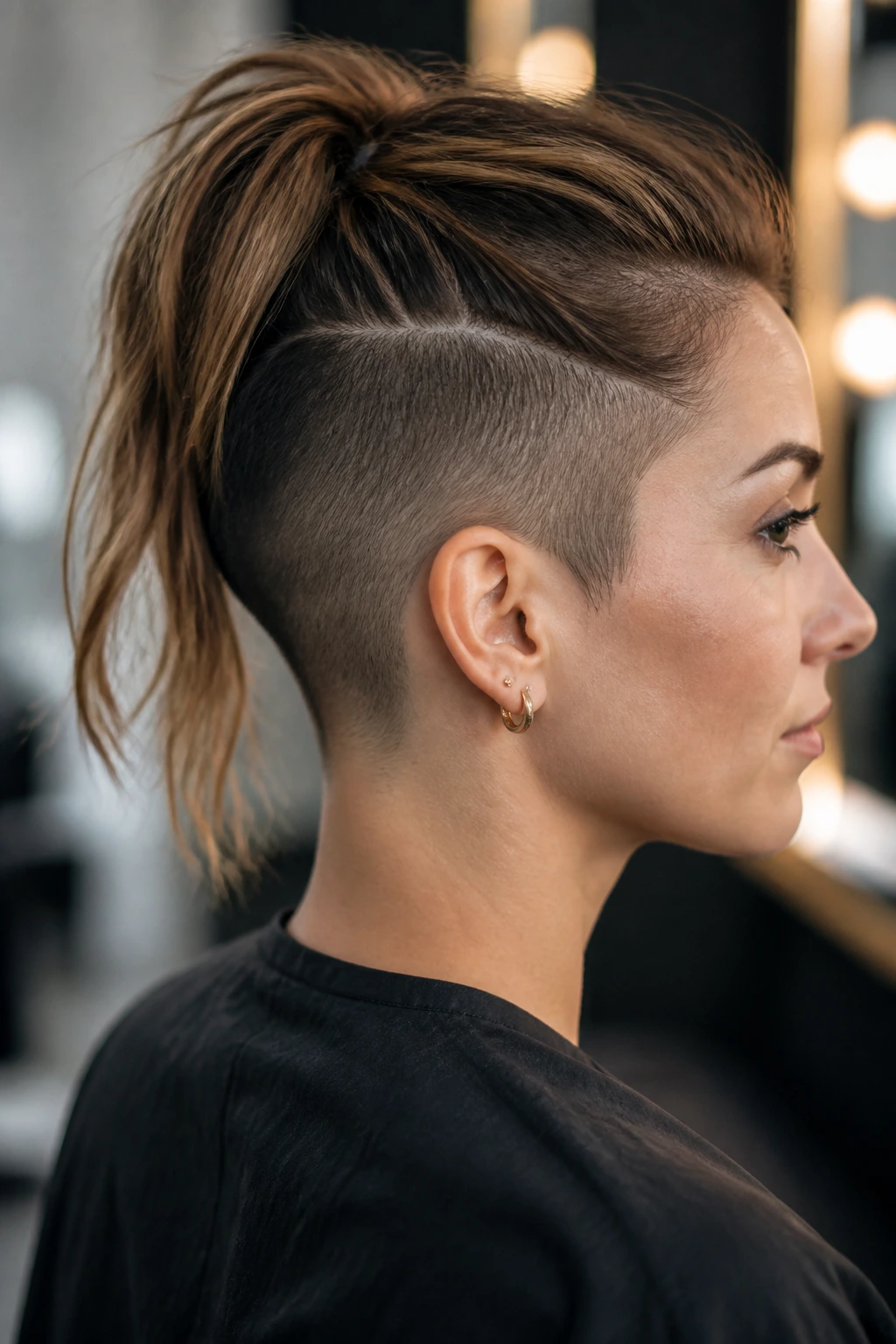 Portrait showing how weight removal in a long-hair undercut alters silhouette.