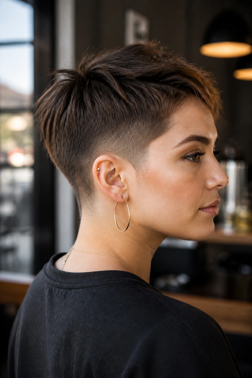 Real person with crisp undercut maintaining shape in a real-world setting