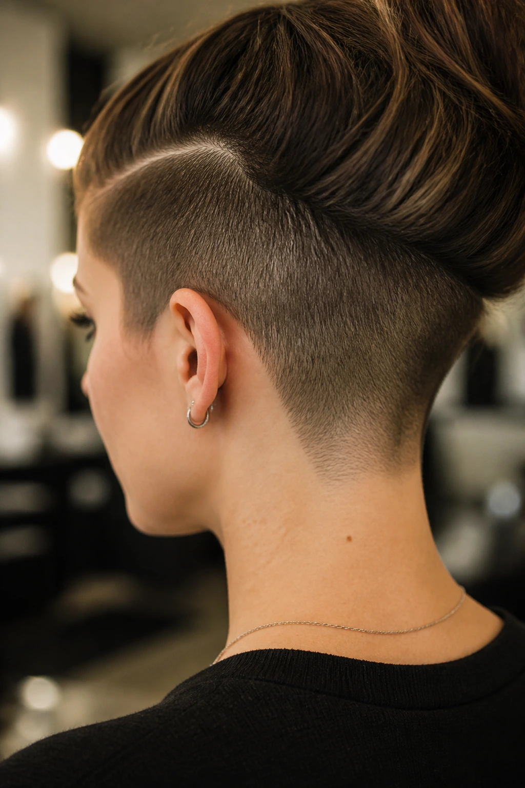 Portrait showing undercut silhouette at back and side for shape change concept