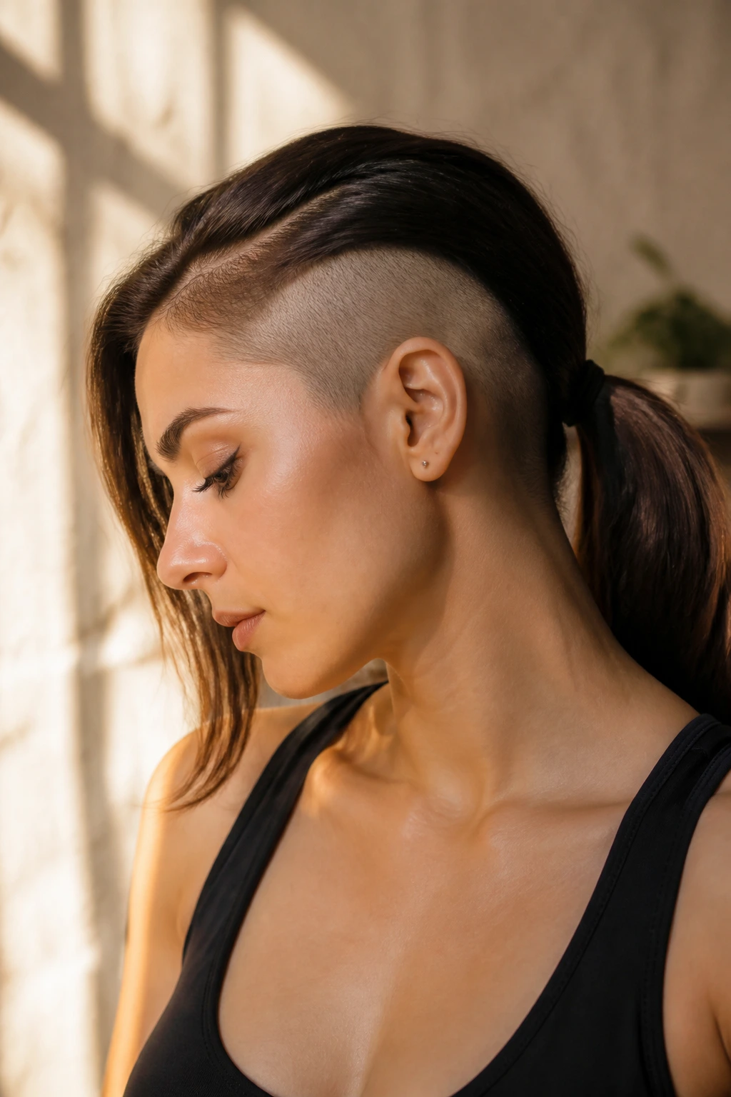 Portrait showing a shaved side panel revealed by a low side ponytail