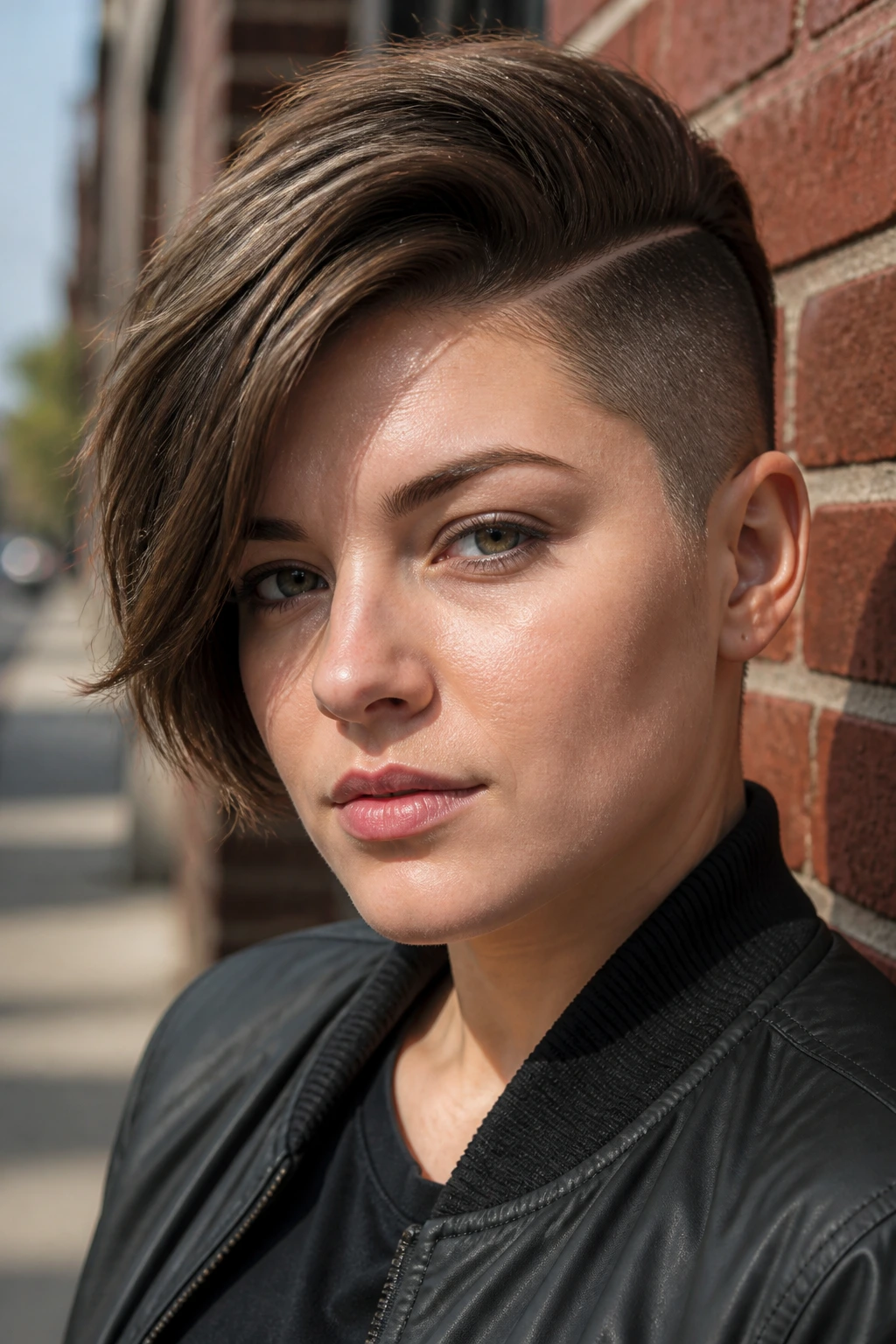 Portrait of a real person with a deep side-part disconnected undercut and shaved side