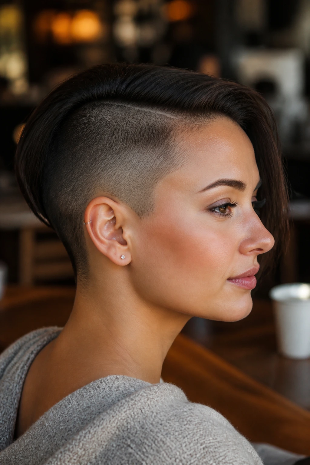 Portrait of a woman with a crisp side panel undercut visible at the temple in a cafe setting