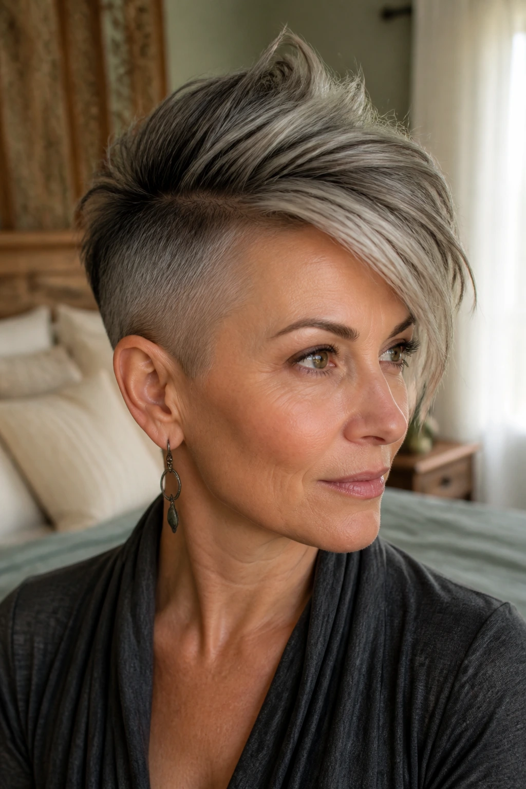 Close-up portrait of a real woman with an undercut, side-swept bangs and a peak in natural daylight