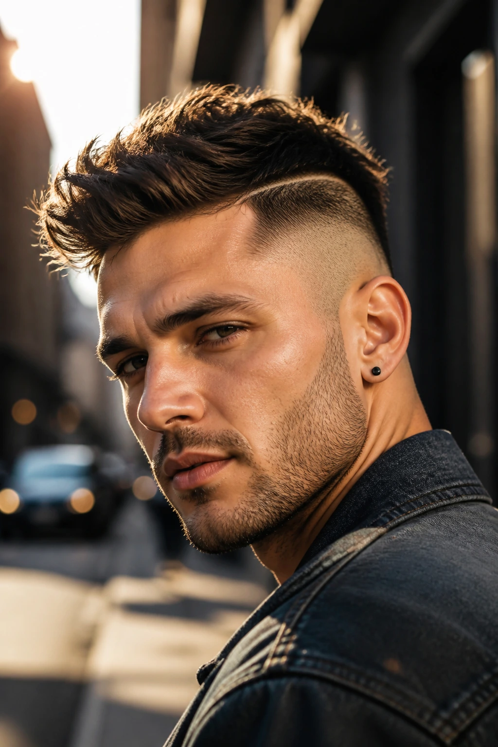 Close-up portrait of a real person with a bold undercut on urban street backdrop