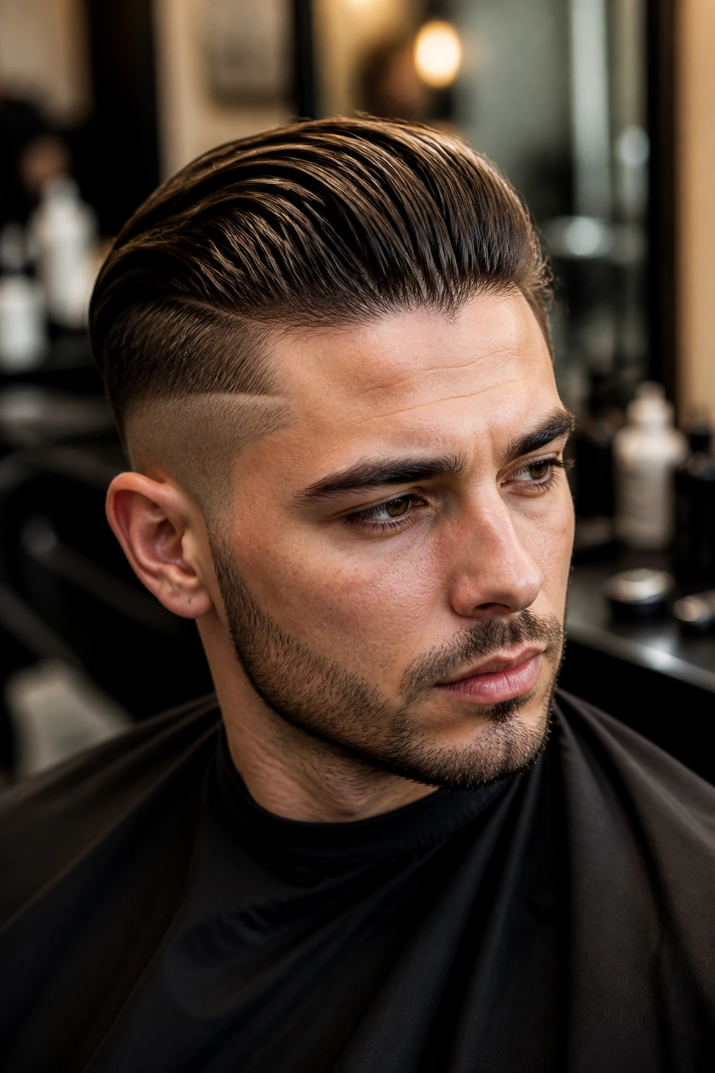 Portrait of man with slick back undercut showing dramatic contrast