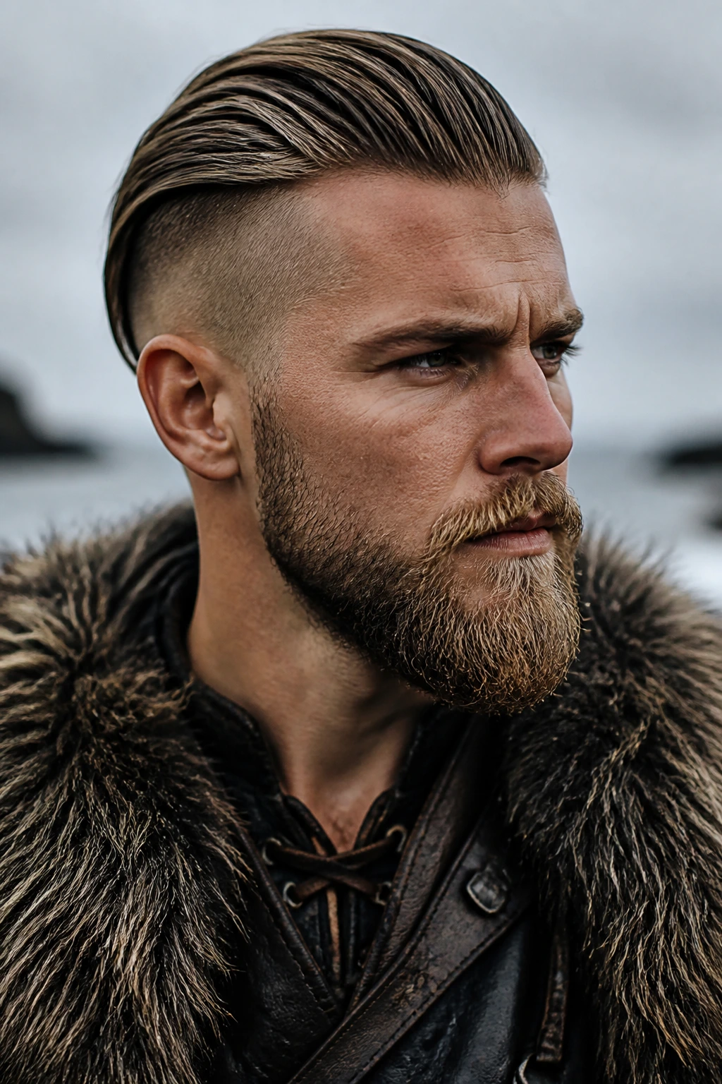 Man with undercut and slicked-back Viking hairstyle