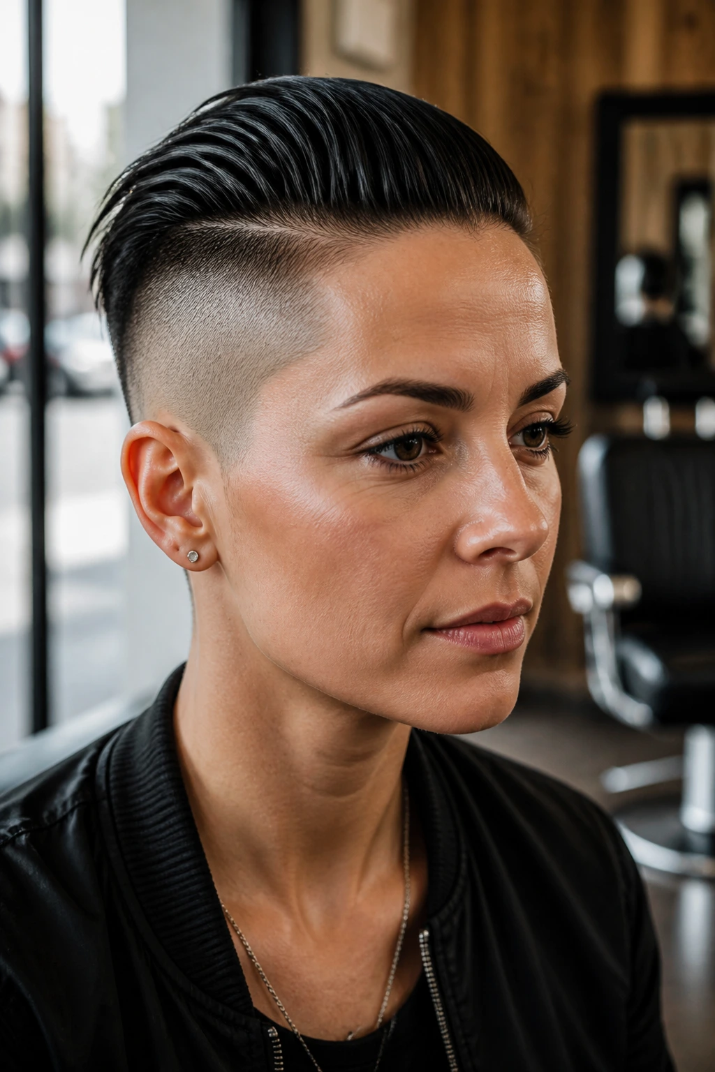 Close-up portrait of a real person with a slicked-back undercut reveal, shaved sides and top slicked back