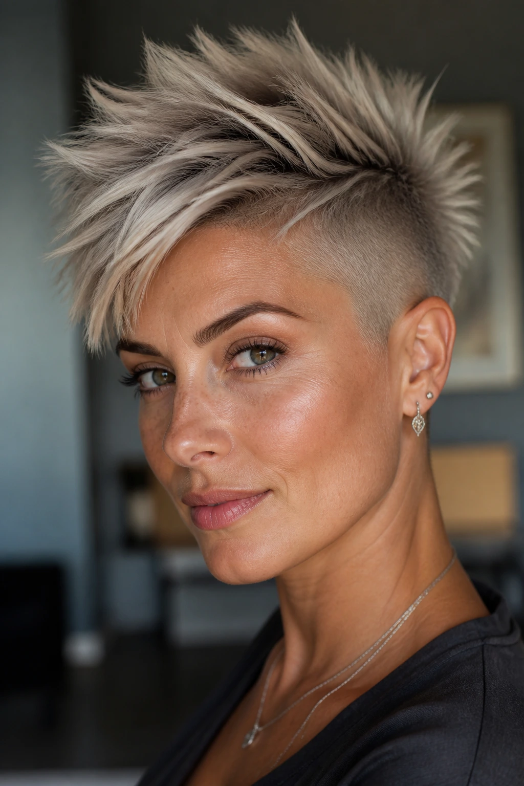 Close-up of a real woman with an undercut spike sweep hairstyle