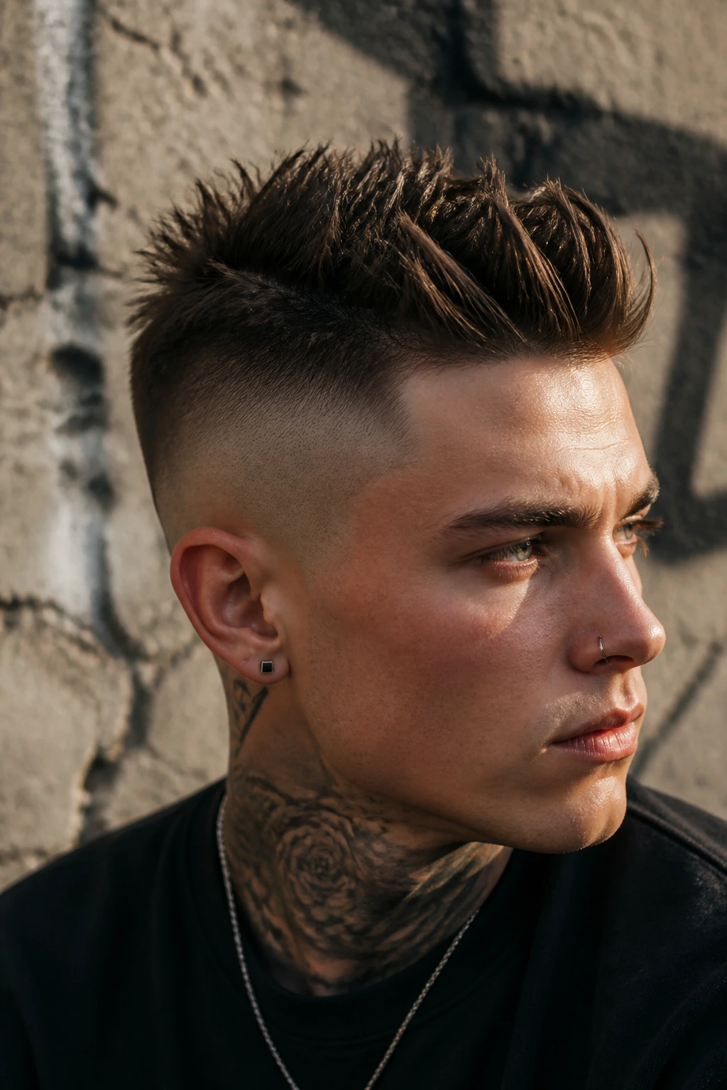Close-up portrait of a man with an undercut and separated spikes against an urban wall.