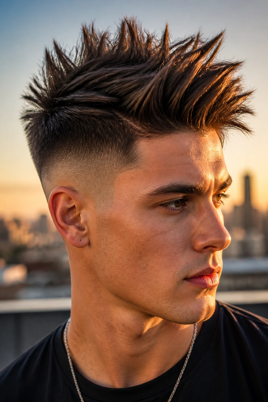 Portrait of a man with a disconnected undercut and spikes against a city rooftop sunset