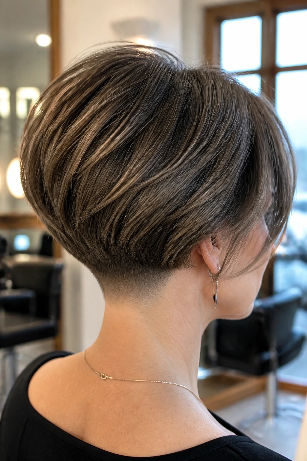 Close-up of a real woman with an undercut stacked bob showing a hidden nape undercut