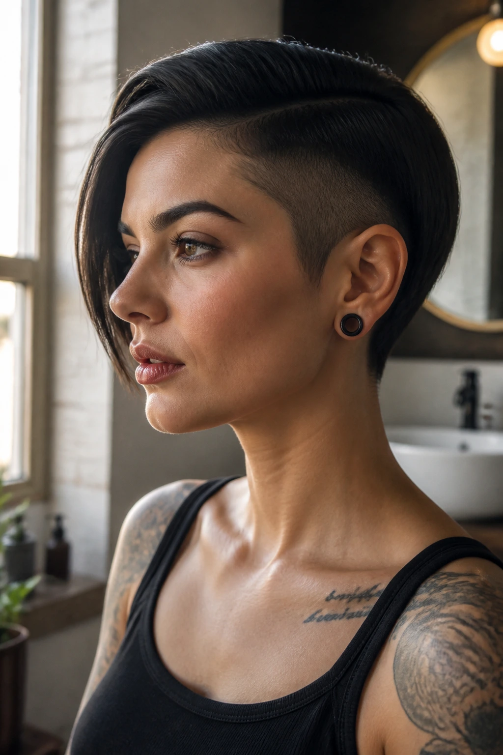 Close-up portrait of a real woman with a short undercut and straight texture