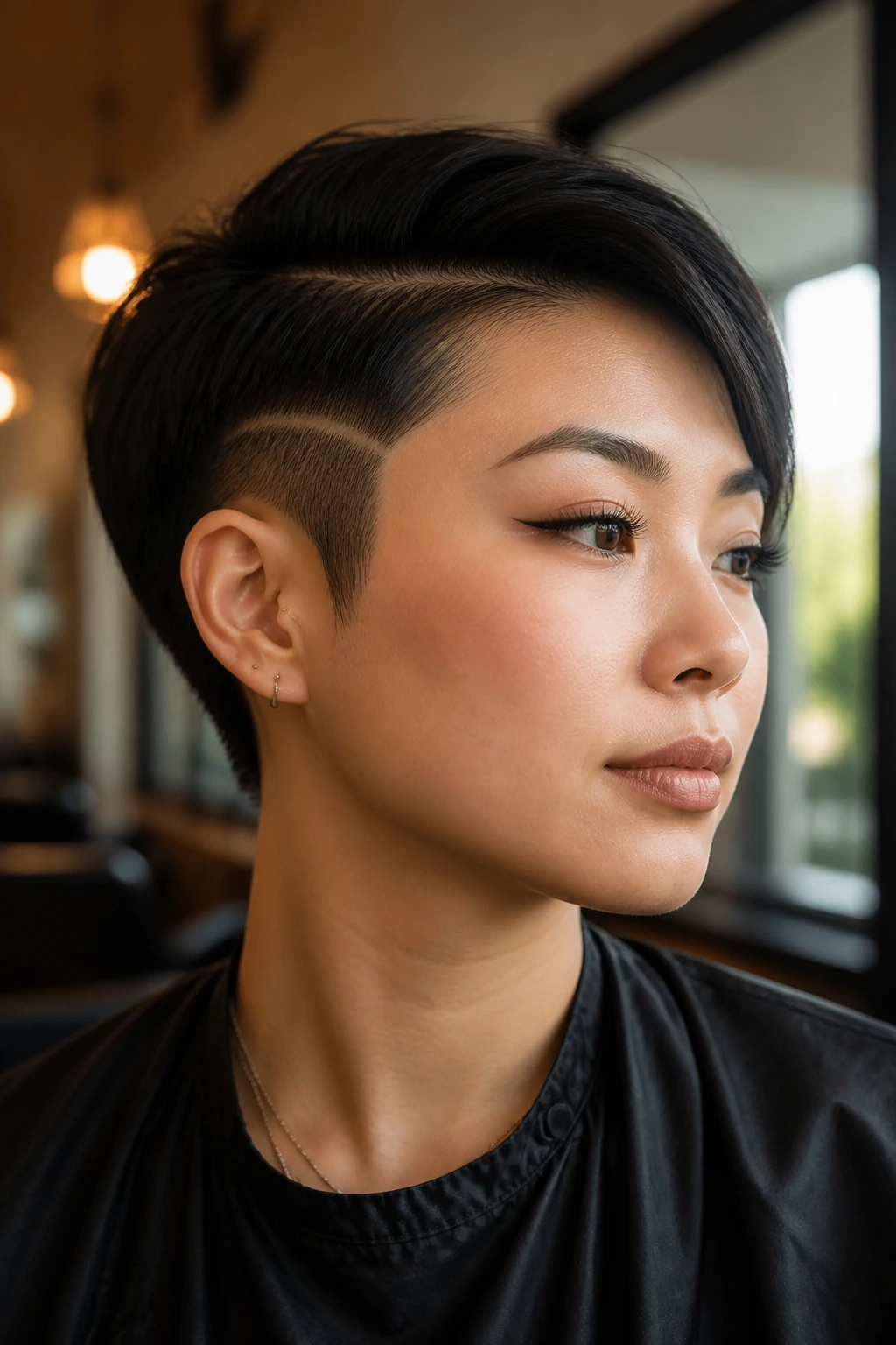 Close-up portrait of an Asian woman showing a subtle nape undercut and temple shave