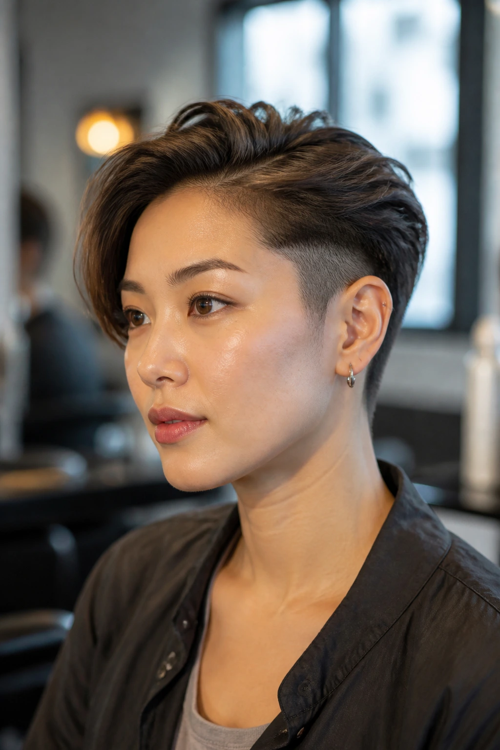 Portrait of an Asian woman with an undercut styled away from the shaved area.