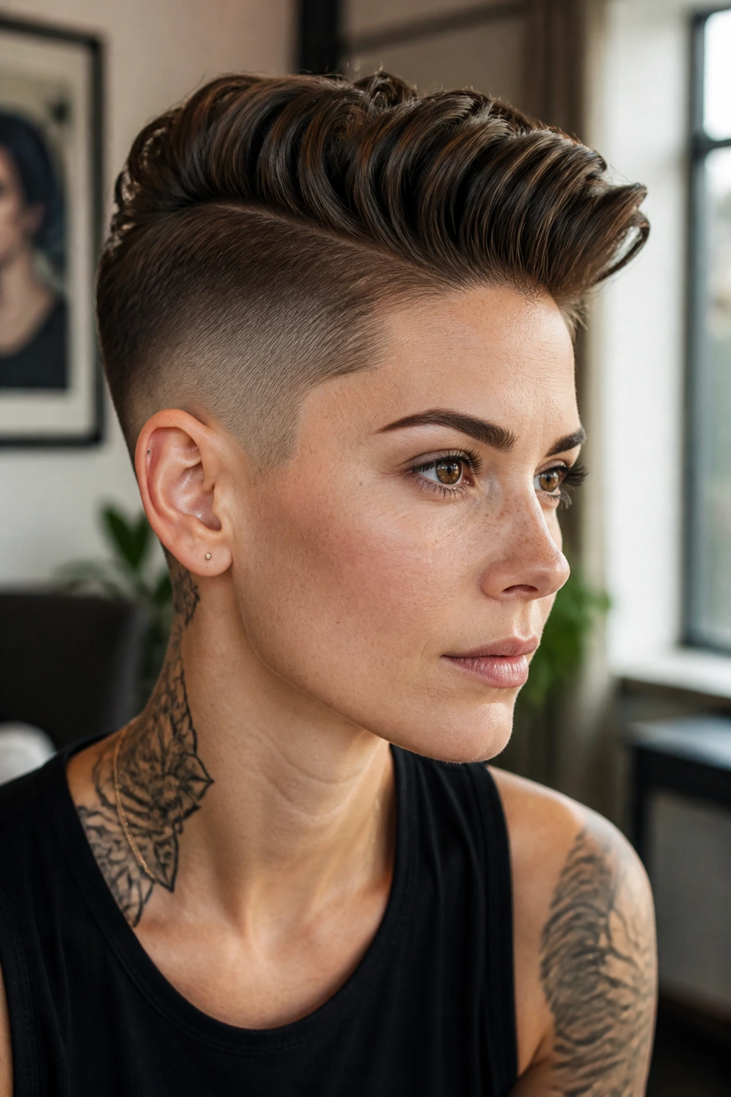 Portrait of a real person with an undercut styled for a sharp shape.