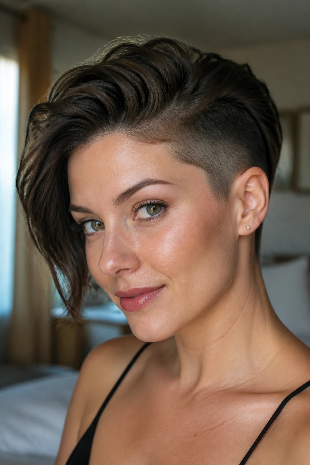 Close-up of a real person with a short textured undercut and lifted roots, showcasing styling moves