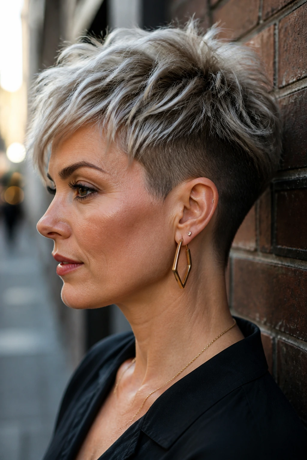 Half-profile of a real woman with undercut texture pixie in urban street
