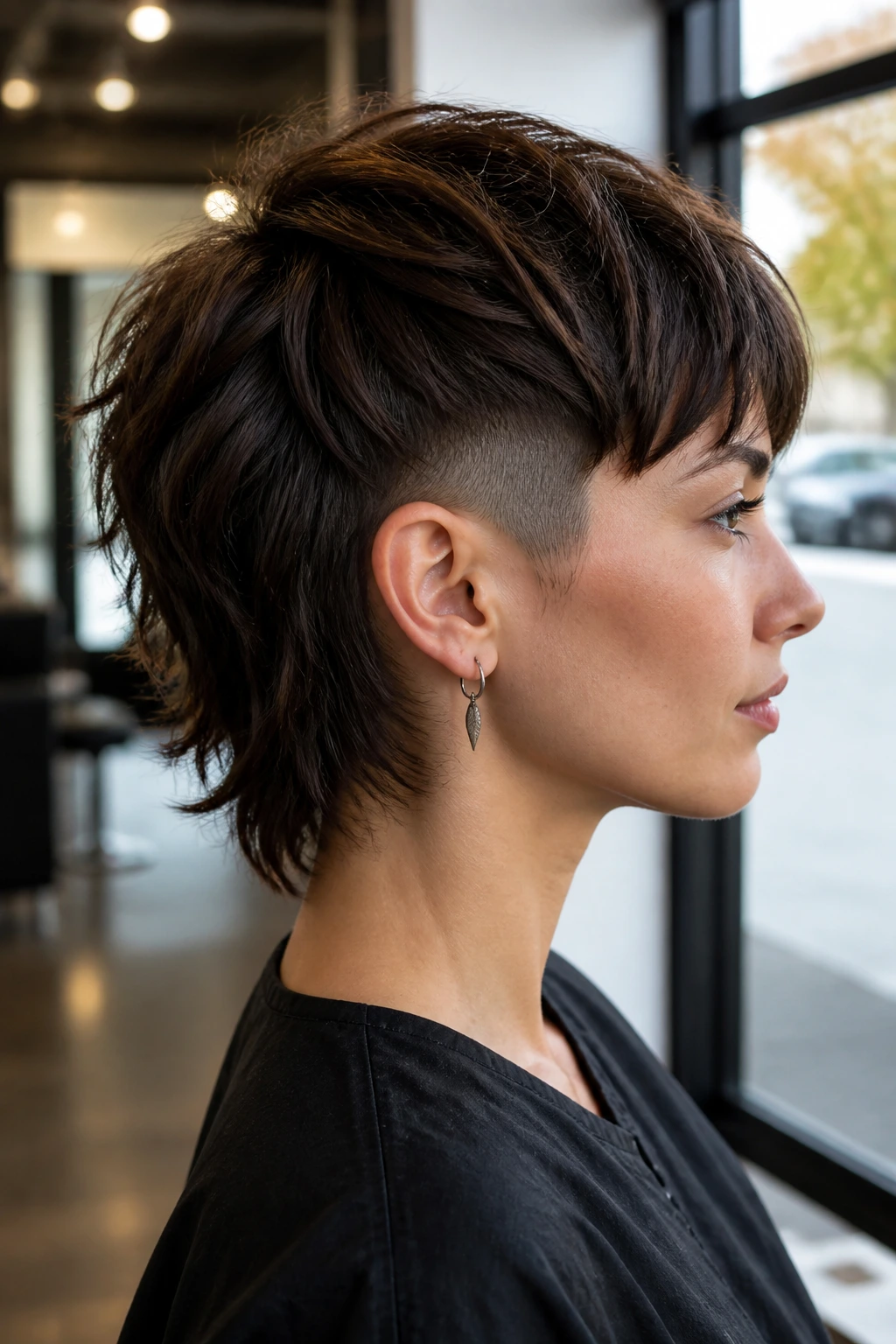 Side-profile of real person with hidden undercut and textured shag top