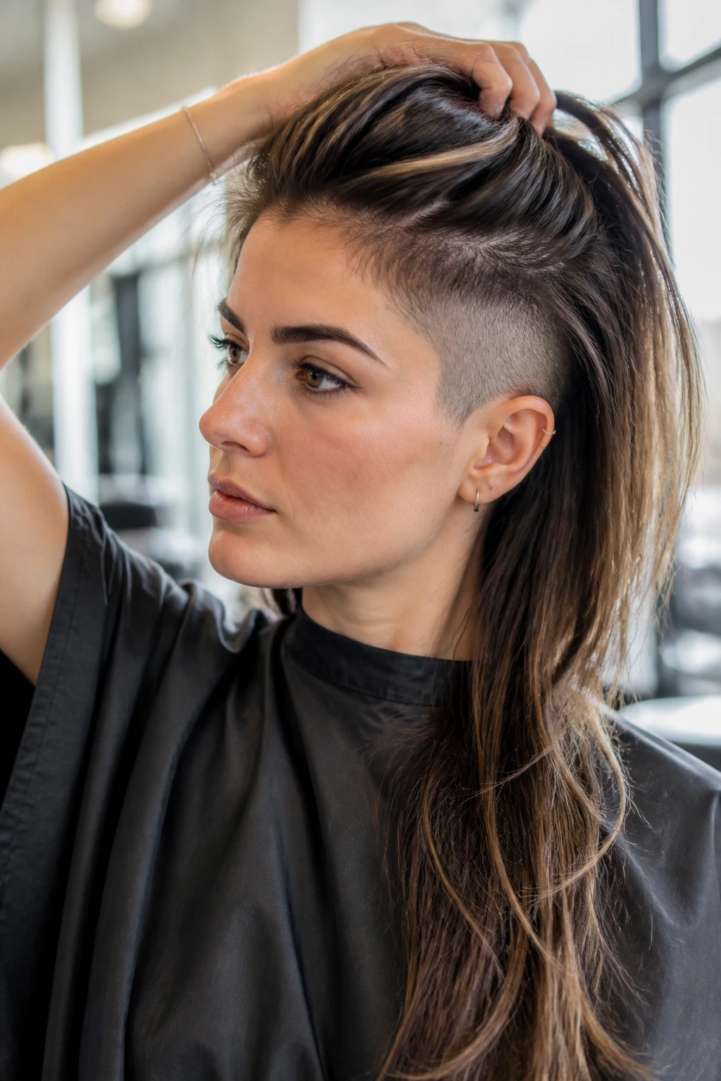 Portrait of a client thoughtfully considering hairstyle options
