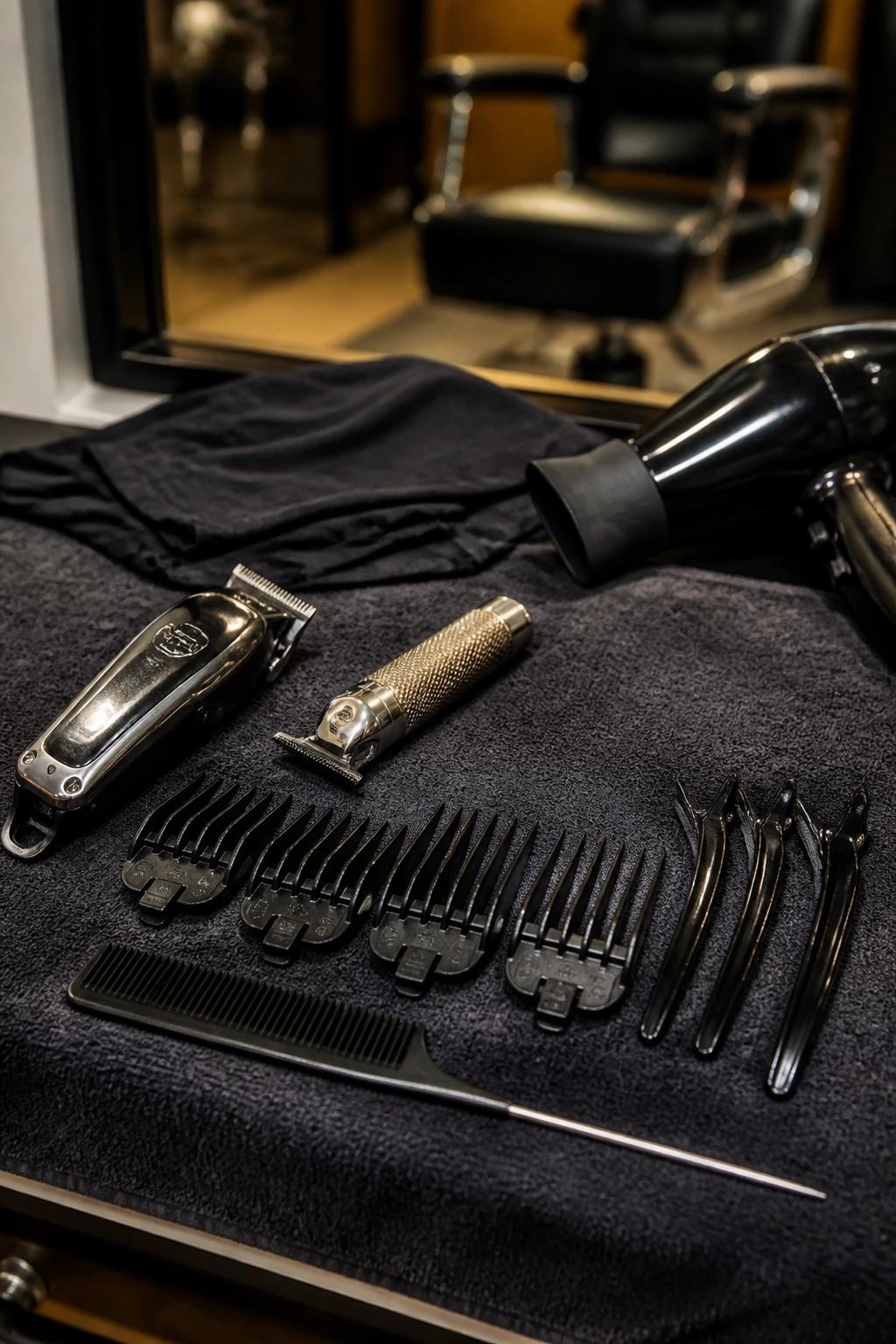 Macro shot of essential undercut tools on a salon workstation