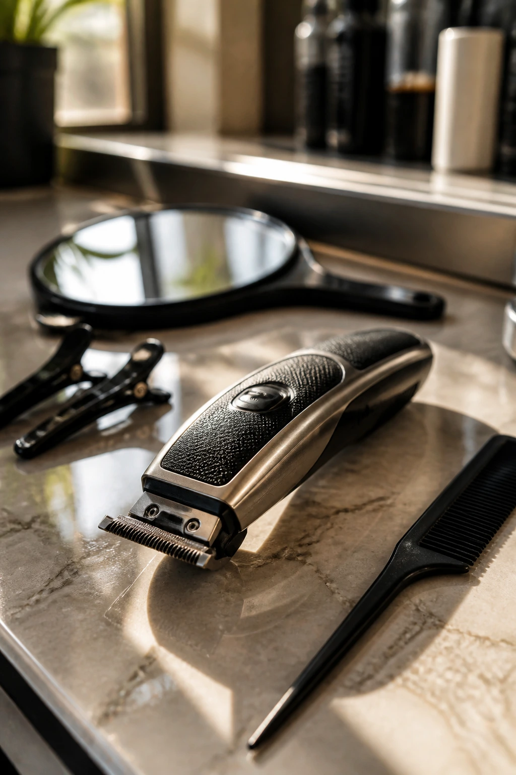 Close-up of haircutting tools on a salon counter, highlighting a trimmer, mirror, comb and clips.