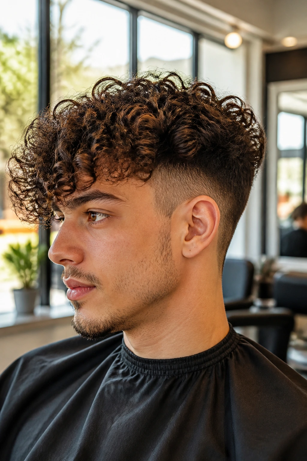 Close-up portrait of a real person with undercut and longer top curls in a sunlit salon
