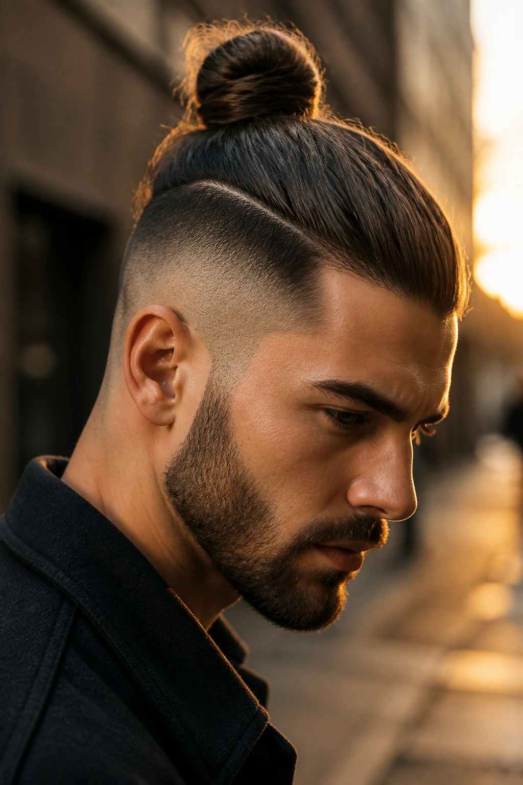 Man with undercut top knot in city setting
