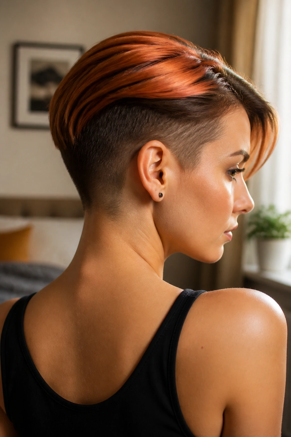 Close-up portrait of a real woman showing an undercut variation with color block in a softly lit bedroom