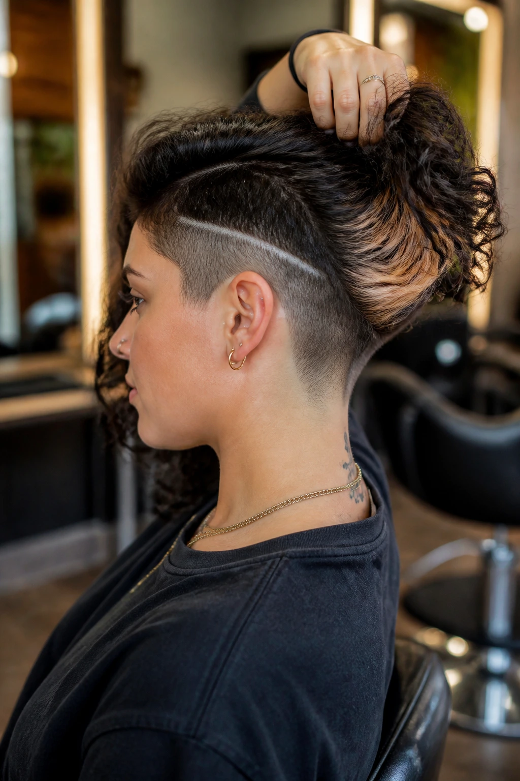 Close-up portrait showing multiple undercut variations on a real person with visible nape and side panels