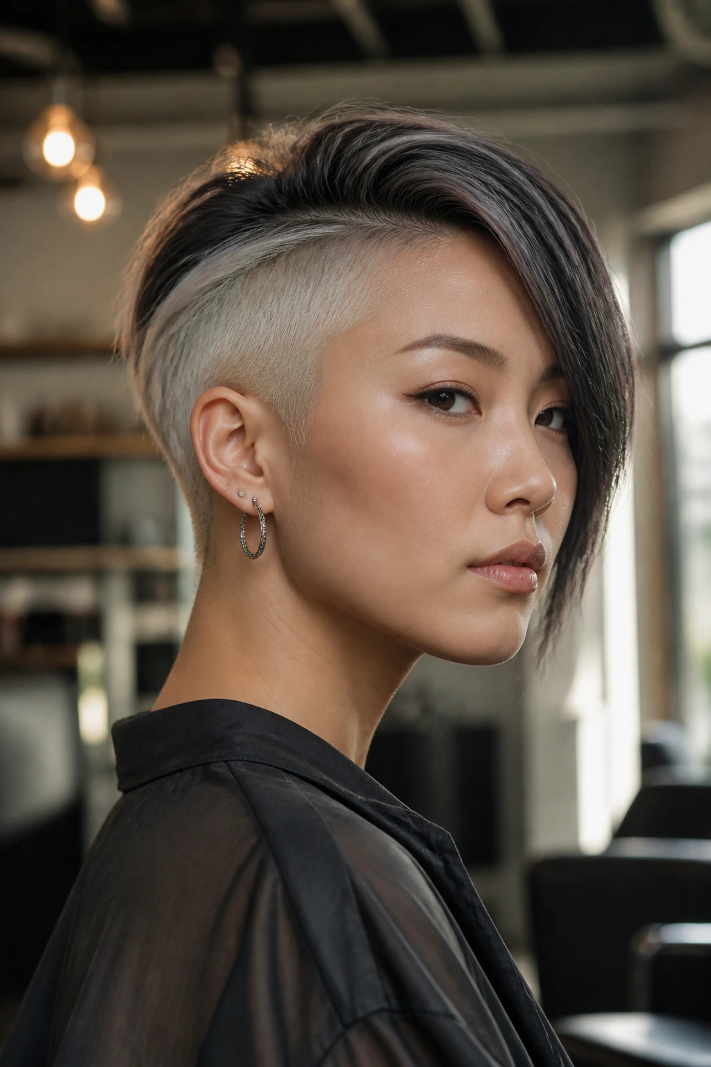 Portrait of Asian woman with high-contrast undercut and longer top.