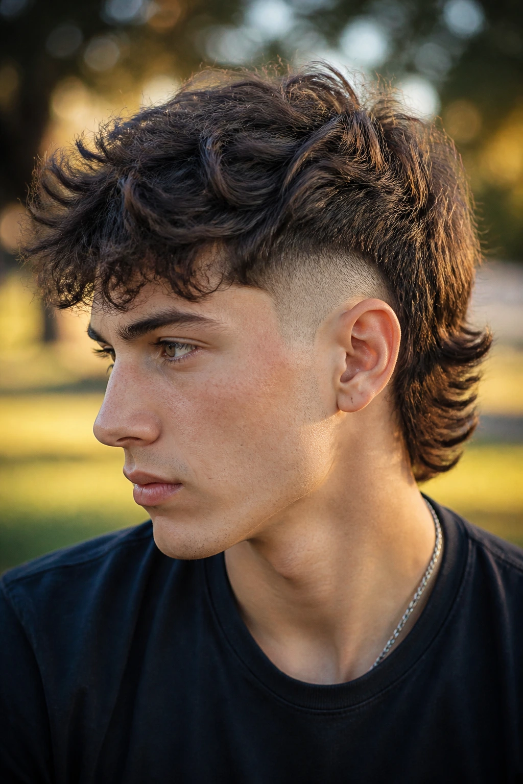 Close-up portrait of a real person with an undercut wave mullet, shaved sides and a full wavy top.