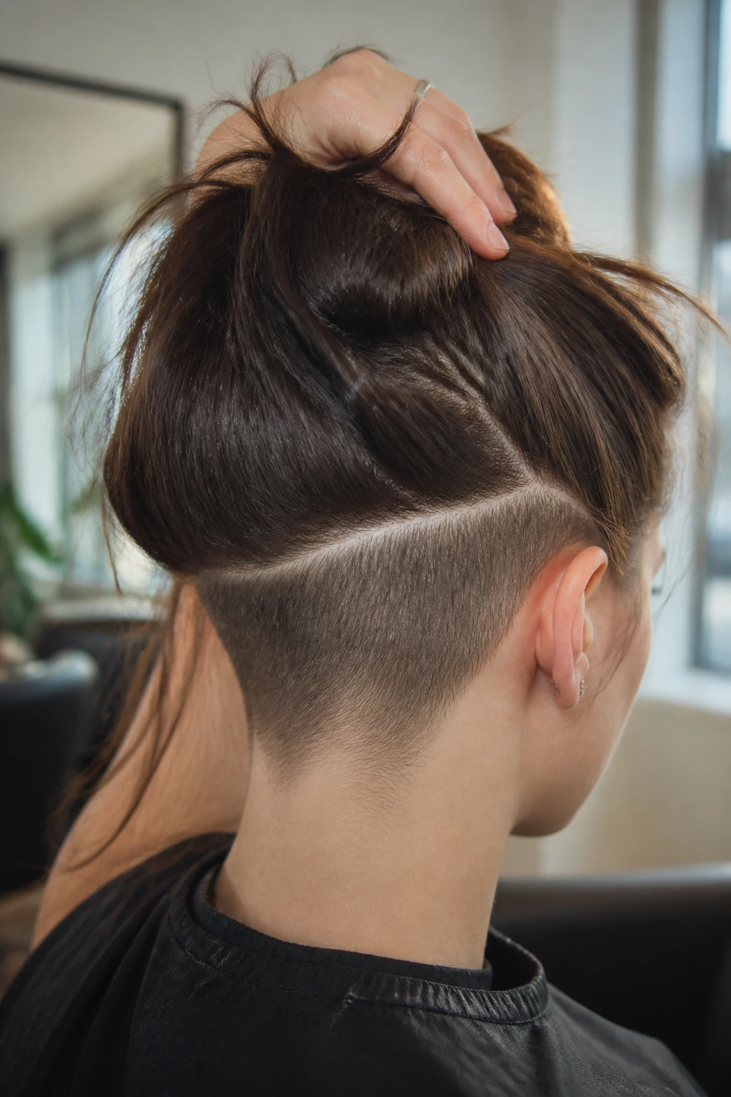 Close-up of real person with internal weight-removal undercut at the nape