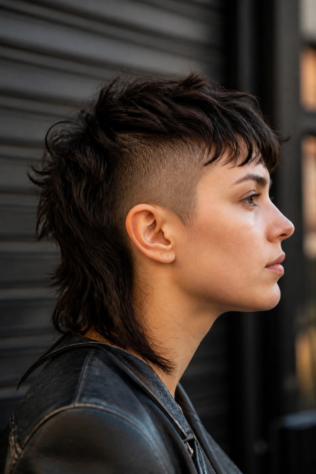 Profile portrait of real person with undercut wolf mullet and shaved sides.