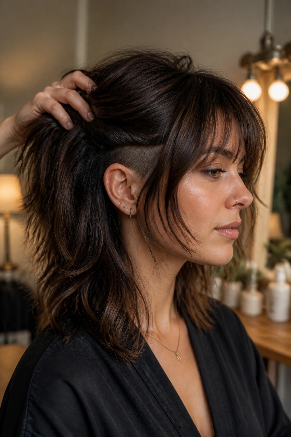 Close-up of real woman with hidden undercut wolf cut, crown lifted