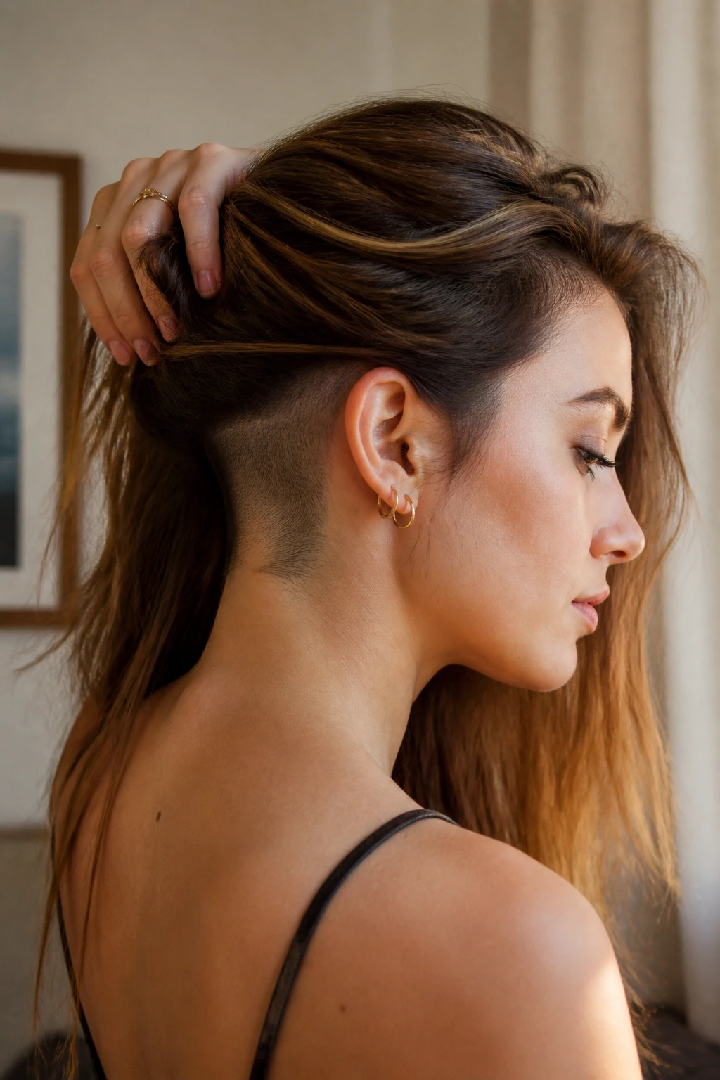 Close-up portrait showing a subtle nape undercut revealed by lifted hair