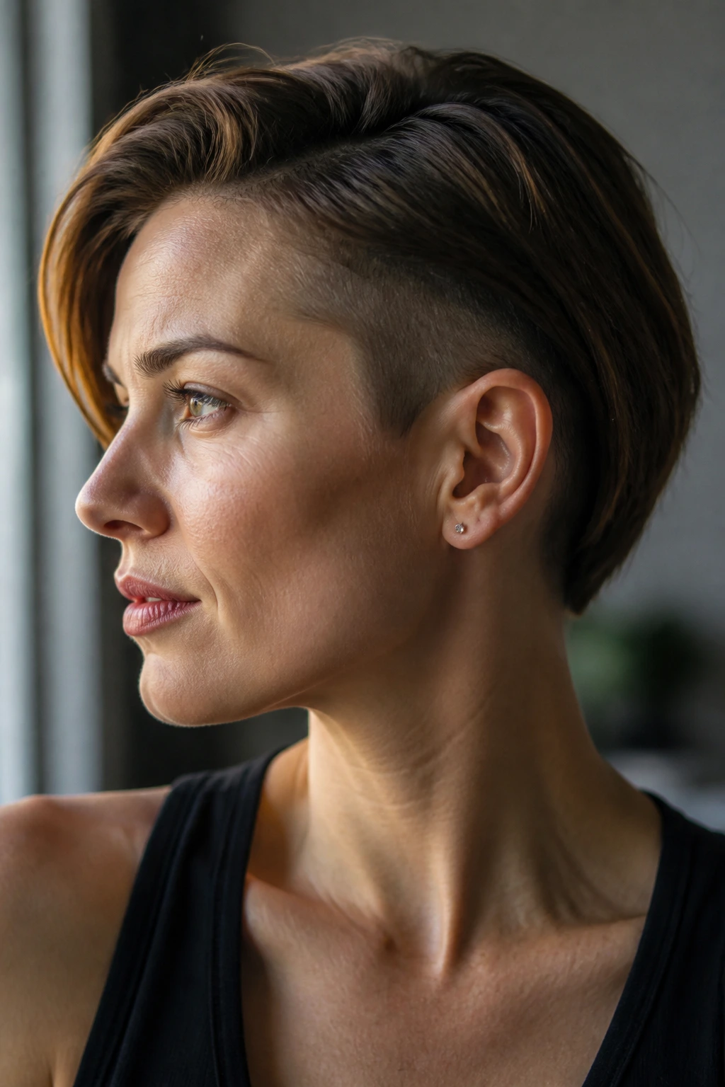 Close-up portrait of a real woman with a short undercut at the nape